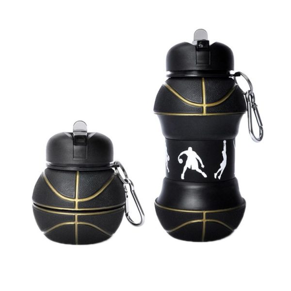 Outdoor Sports Anti-fall Water Bottle Portable Leak-proof Silicone Folding Cup, Shape: Basketball Black (550ml)