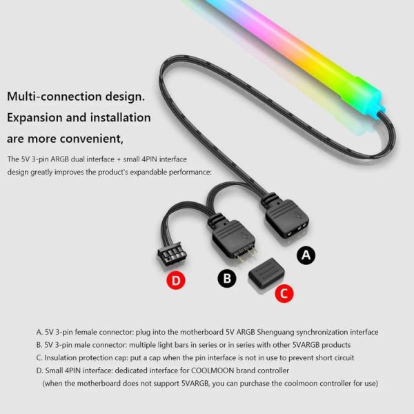 COOLMOON Y360 Round Tube Multi-interface ARGB Chassis Light Bar Computer Decorative Silicone LED Lamp Strip - Image 8