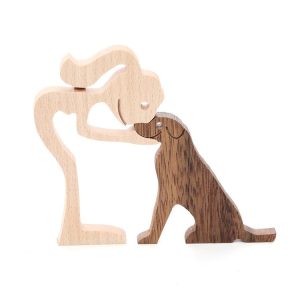 Wooden Human Dog Ornaments Office Home Wood Carving Decoration (B42)