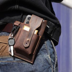EASYONLY Men Dual Phone Hanging Pocket Bag Outdoor Leather With Cover Anti-lost Bag (Brown)