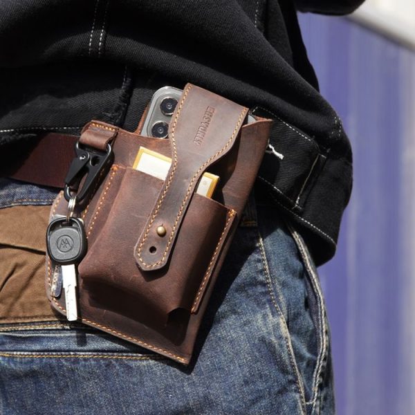 EASYONLY Men Dual Phone Hanging Pocket Bag Outdoor Leather With Cover Anti-lost Bag (Brown)