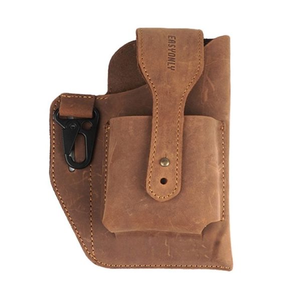 EASYONLY Men Dual Phone Hanging Pocket Bag Outdoor Leather With Cover Anti-lost Bag (Brown) - Image 2