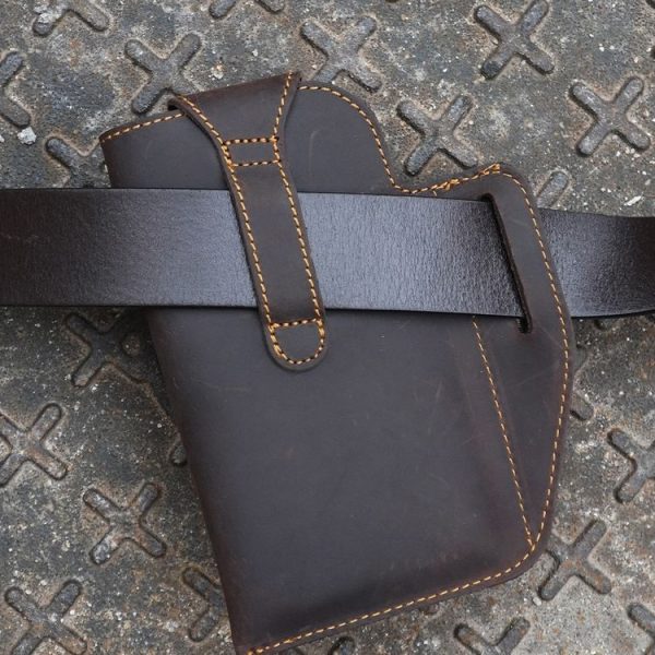 EASYONLY Men Dual Phone Hanging Pocket Bag Outdoor Leather With Cover Anti-lost Bag (Brown) - Image 4