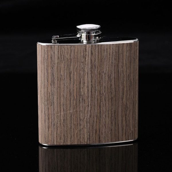 6oz Wood Leather Hip Flask Stainless Steel Whiskey Wine Alcohol Flagon (Style 5)