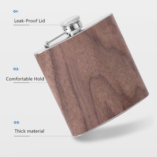 6oz Wood Leather Hip Flask Stainless Steel Whiskey Wine Alcohol Flagon (Style 5) - Image 4