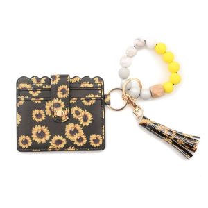 PU Tassel Silicone Bead Bracelet Wallet With Keychain, Color: Sunflower
