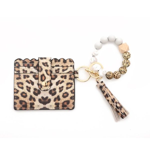 PU Tassel Silicone Bead Bracelet Wallet With Keychain, Color: Yellow Leopard Print