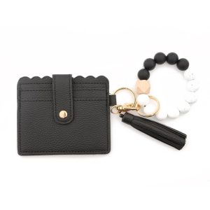 PU Tassel Silicone Bead Bracelet Wallet With Keychain, Color: Black