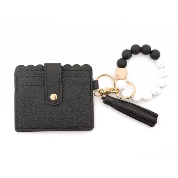 PU Tassel Silicone Bead Bracelet Wallet With Keychain, Color: Black
