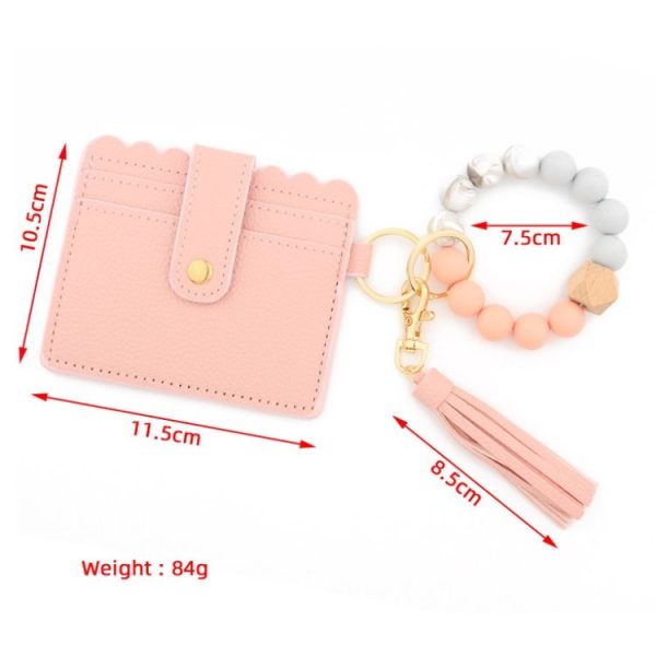 PU Tassel Silicone Bead Bracelet Wallet With Keychain, Color: 5 Mint Green - Image 3