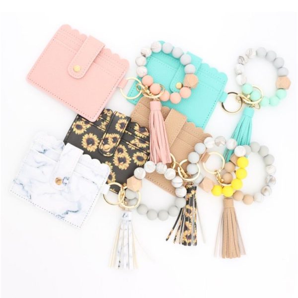PU Tassel Silicone Bead Bracelet Wallet With Keychain, Color: 5 Mint Green - Image 4