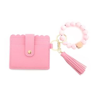 PU Tassel Silicone Bead Bracelet Wallet With Keychain, Color: Cherry Blossom Pink