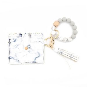 PU Tassel Silicone Bead Bracelet Wallet With Keychain, Color: Marble