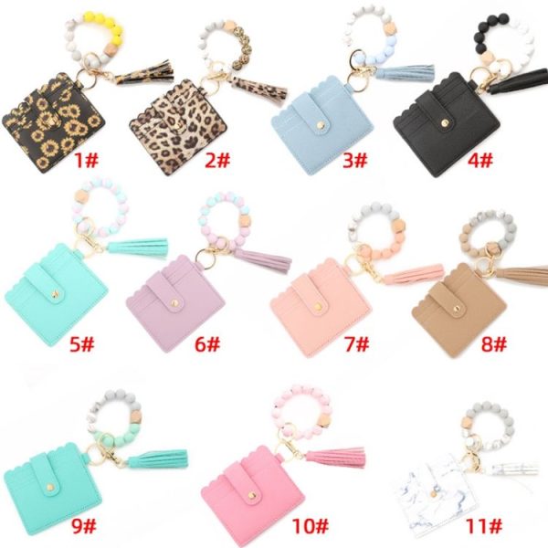 PU Tassel Silicone Bead Bracelet Wallet With Keychain, Color: Marble - Image 2