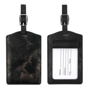 Marbled PU Leather Luggage Tag Oil Edge Sewing With Metal Hardware Buckle (Black)