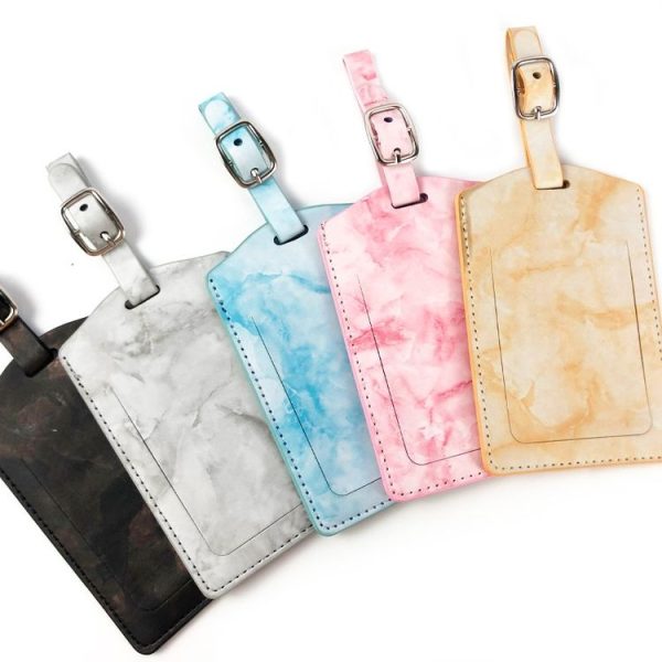 Marbled PU Leather Luggage Tag Oil Edge Sewing With Metal Hardware Buckle (Black) - Image 2