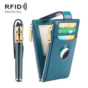 Two Layer Oil Waxed Leather Zip RFID Coin Purse Tracker Card Holder For AirTag (Peacock Blue)