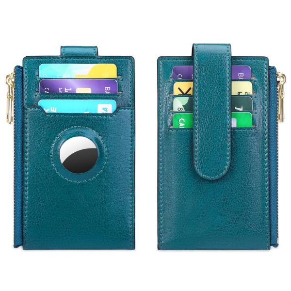 Two Layer Oil Waxed Leather Zip RFID Coin Purse Tracker Card Holder For AirTag (Peacock Blue) - Image 2