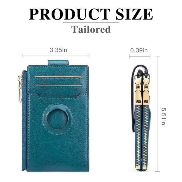 Two Layer Oil Waxed Leather Zip RFID Coin Purse Tracker Card Holder For AirTag (Peacock Blue) - Image 3