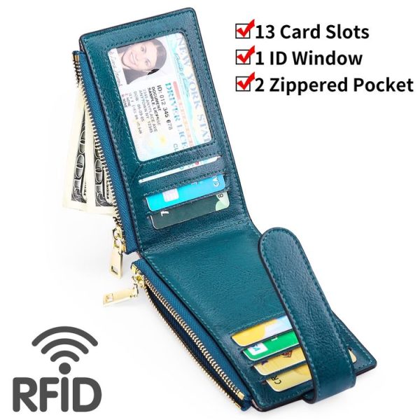 Two Layer Oil Waxed Leather Zip RFID Coin Purse Tracker Card Holder For AirTag (Peacock Blue) - Image 4