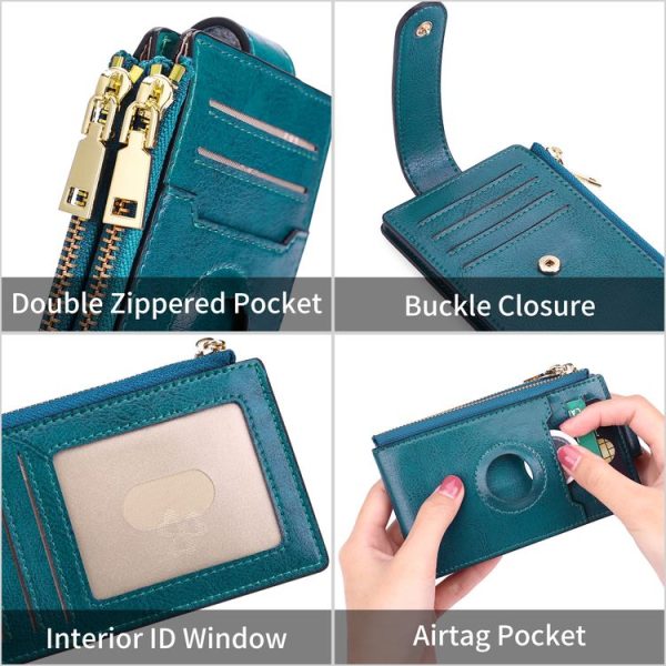 Two Layer Oil Waxed Leather Zip RFID Coin Purse Tracker Card Holder For AirTag (Peacock Blue) - Image 5