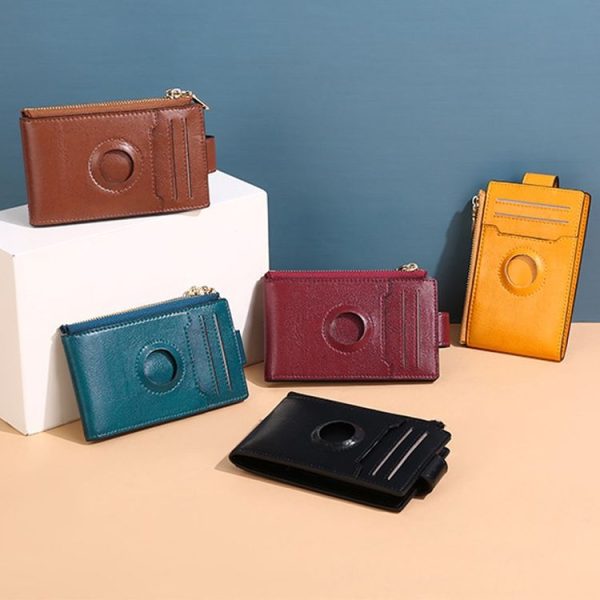 Two Layer Oil Waxed Leather Zip RFID Coin Purse Tracker Card Holder For AirTag (Peacock Blue) - Image 6