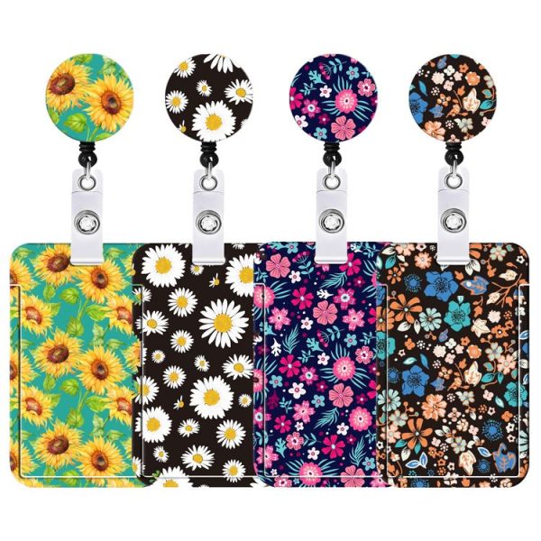 Floral Adjustable Retractable Card Holder Name Badge Work Bank Credit Card Sleeve (Black and White) - Image 3