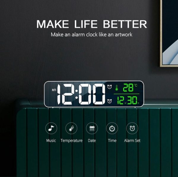 8810 LED Mirror Living Room Music Wall Clock with Temperature Date Display (Black) - Image 2