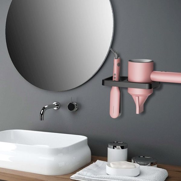 2-in-1 Hair Dryer Wall Mount Bracket Bathroom Shelf (Black) - Image 4