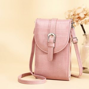 Cross-slung Woman Bag Buckle Shoulder Bag Crocodile Print Phone Bag (Pink)