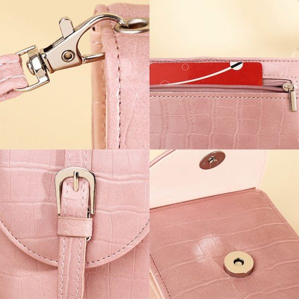 Cross-slung Woman Bag Buckle Shoulder Bag Crocodile Print Phone Bag (Pink) - Image 4