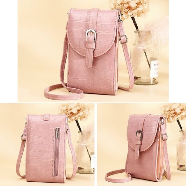 Cross-slung Woman Bag Buckle Shoulder Bag Crocodile Print Phone Bag (Pink) - Image 5