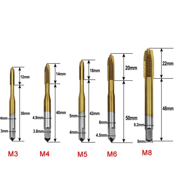 M3-M8 Titanium Plated Straight Slot Tap HSS Tapping Inner Thread Set - Image 3