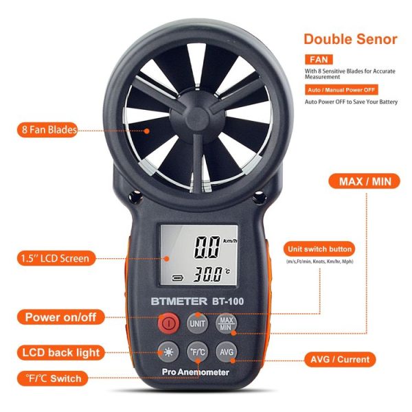 BT-100 Handheld Anemometer Wind Speed Wind Chill Temperature Measuring Instrument (Black) - Image 2