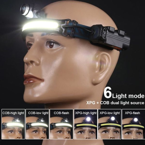 W678-2 Zoom XPG + COB Sensor Headlight Flashlight 6 Lighting Modes Rechargeable Head Lamp - Image 6