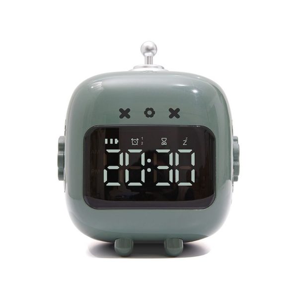 Cartoon Robot Cat Rechargeable Alarm Clock Snooze Silent Backlit Electronic Clock (Dark Green)