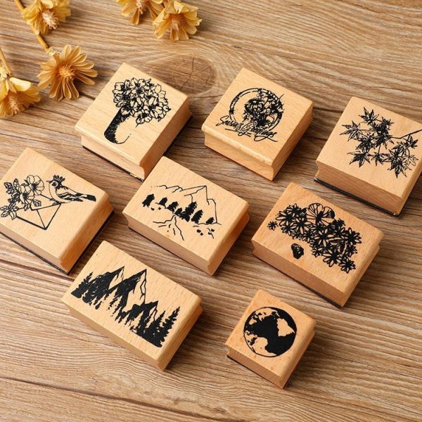 5 PCS DIY Vintage Nature Landscape Handbook Wooden Stamp (Sea Flowers Butterflies) - Image 2