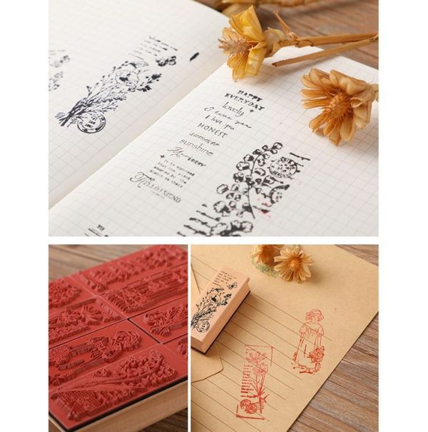 4 PCS Wooden Flowers and Plants Girl Stamp Fresh Plant Handbook DIY Decorative Stamp (Books) - Image 5