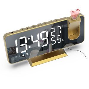 Mirror Surface LED Radio Projection Alarm Clock with Temperature & Humidity Display (Gold+White Characters)