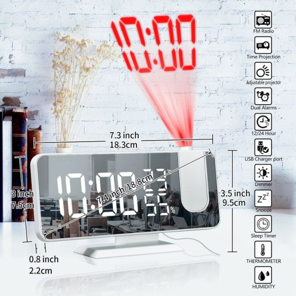 Mirror Surface LED Radio Projection Alarm Clock with Temperature & Humidity Display (Gold+White Characters) - Image 2