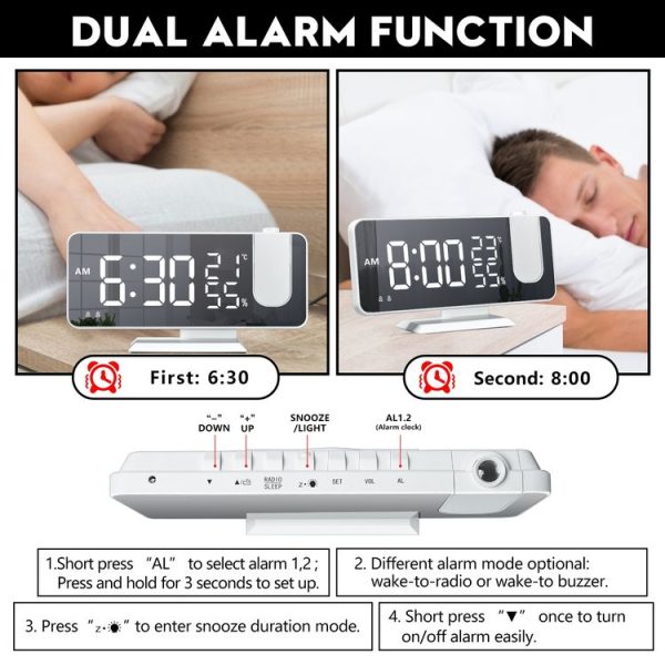 Mirror Surface LED Radio Projection Alarm Clock with Temperature & Humidity Display (Gold+White Characters) - Image 5