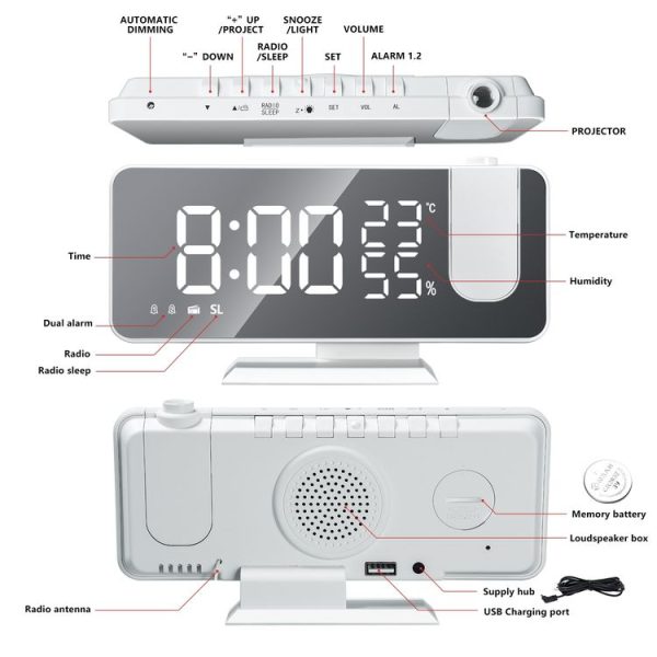 Mirror Surface LED Radio Projection Alarm Clock with Temperature & Humidity Display (Gold+White Characters) - Image 6