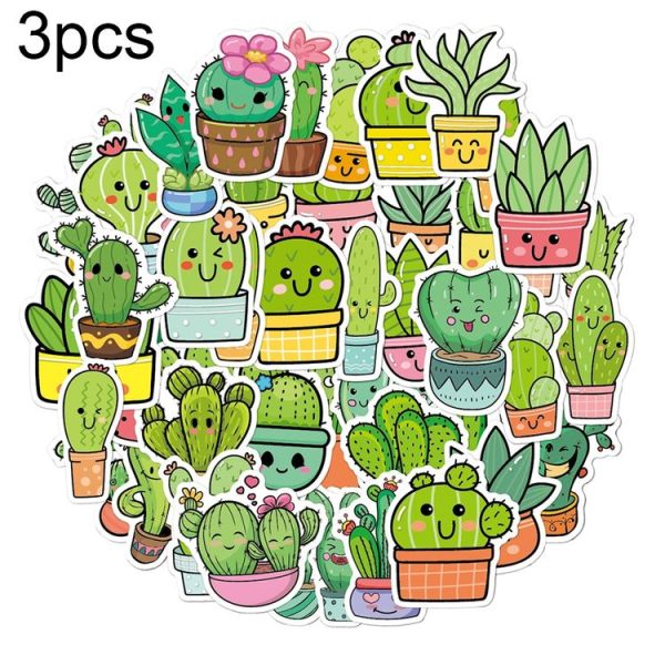 3sets 50pcs / set Cartoon Cactus DIY Handbook Decorative Stickers Floral Laptop Waterproof Sticker (TT173)