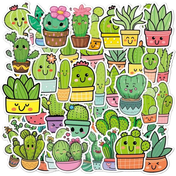3sets 50pcs / set Cartoon Cactus DIY Handbook Decorative Stickers Floral Laptop Waterproof Sticker (TT173) - Image 2