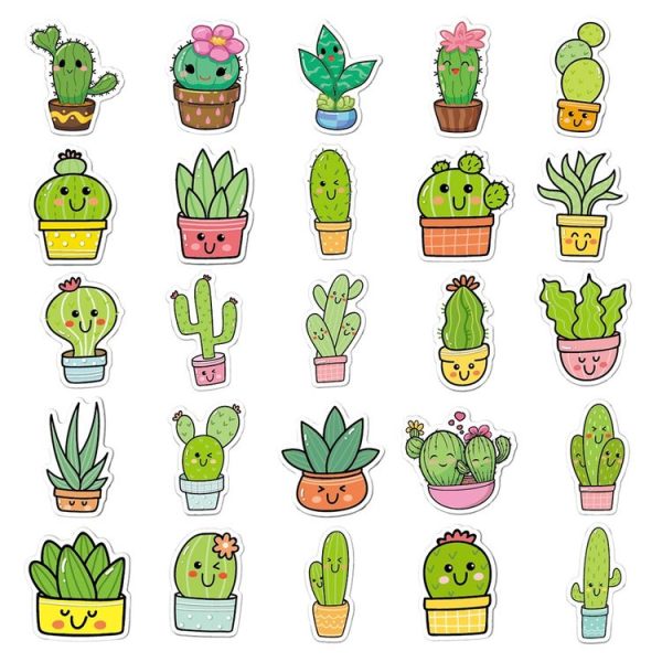 3sets 50pcs / set Cartoon Cactus DIY Handbook Decorative Stickers Floral Laptop Waterproof Sticker (TT173) - Image 3