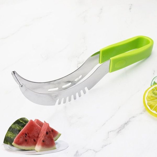 YG-WS03 Stainless Steel Watermelon Clip Easy Access Integrated Plastic Handle Cantaloupe Cut Fruit Cutting Device (Green)