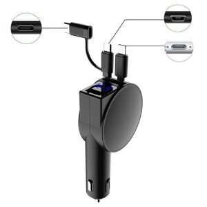 3 In 1 40W Fast Charging Dual Cable Retractable Car Charger (Black)