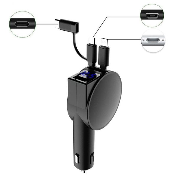 3 In 1 40W Fast Charging Dual Cable Retractable Car Charger (Black)
