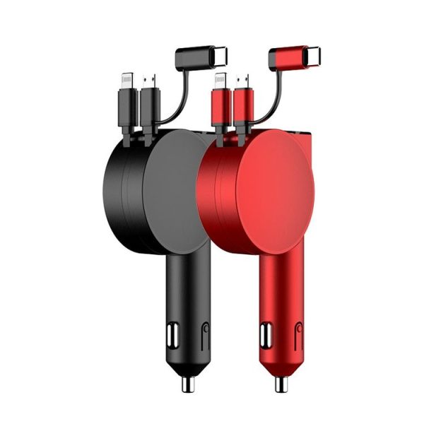 3 In 1 40W Fast Charging Dual Cable Retractable Car Charger (Black) - Image 2