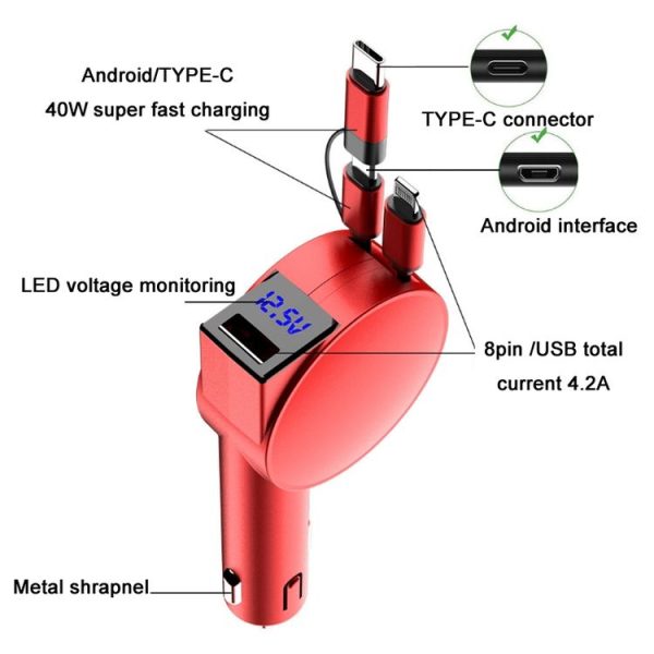 3 In 1 40W Fast Charging Dual Cable Retractable Car Charger (Black) - Image 4